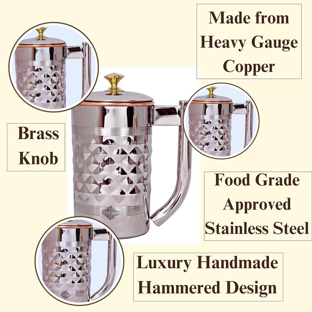 Diamond Hammered Steel Copper Jug Pitcher with Brass Knob, Serveware, 2000 ML