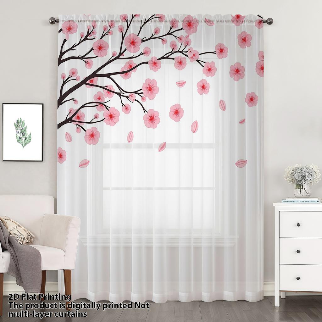 Sheer Voile Curtain Pink Cherry Blossom Print Drape Romantic Floral Window With Rod Pocket Polyester