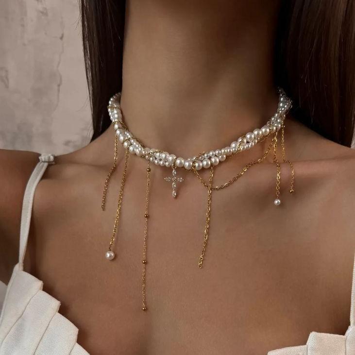European and American retro multi-layer fringed cross necklace, personality trend sweet and cool ins imitation pearl choker collarbone chain