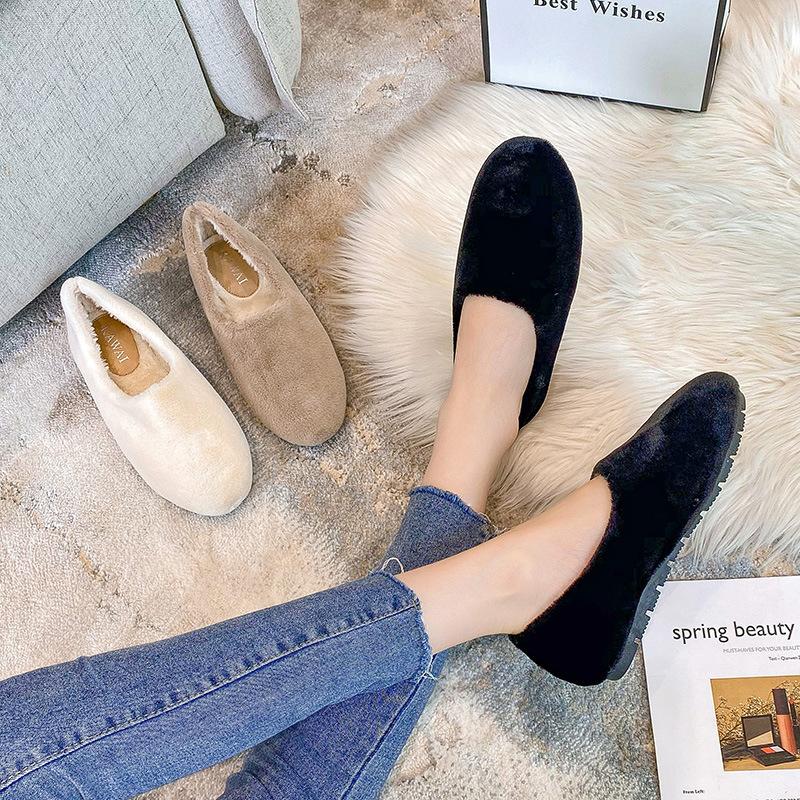 Winter Fur Shoes Women Cotton Sneakers Woman Furry Flats Warm Plush Loafers Lambswool Moccasins Femme Large Size