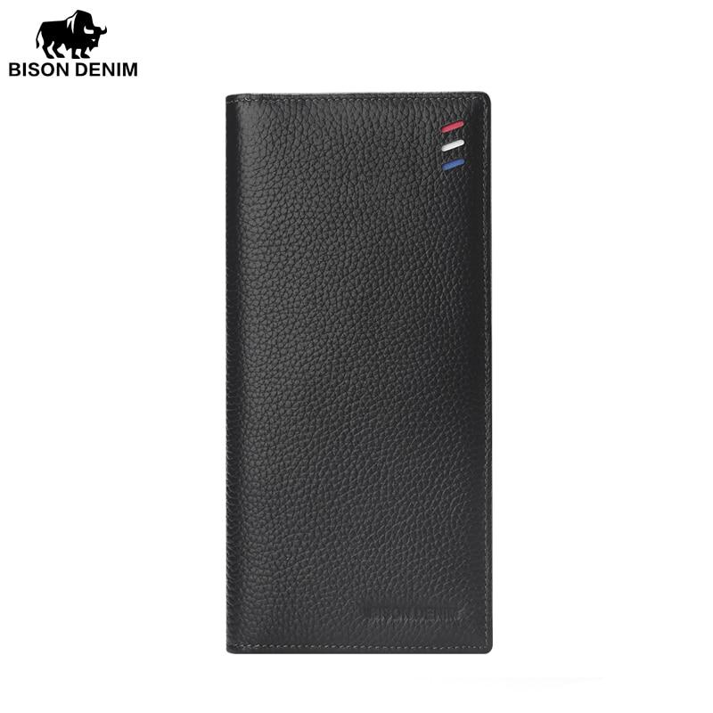 Bison Denim Mode Luxus Echtes Leder Männer Brieftaschen Lange Schlanke Bifold Brieftasche Kreditkarte Halter