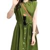 Retro Artistic Green Shirt Sleeveless Dress Women Simple Casual Comfortable Relaxed Atmosphere Long