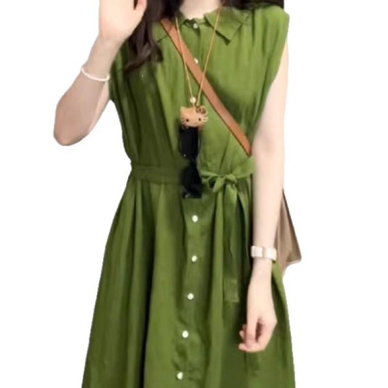 Retro Artistic Green Shirt Sleeveless Dress Women Simple Casual Comfortable Relaxed Atmosphere Long