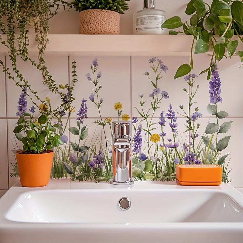 Fresh Floral Pattern Sink Area Background Wall Sticker Bathroom Wall Decoration Self-Adhesive Removable Waterproof Creative Stic