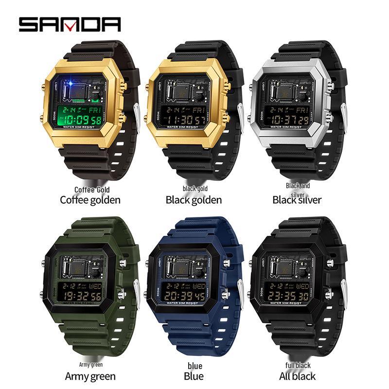 Sanda Luminous Waterproof Teen Alarm Watch - Square Electronic Sports Countdown Timer