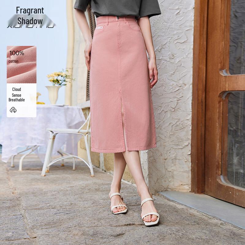 Xiangying Women s Pink Denim A-Line Midi Skirt M