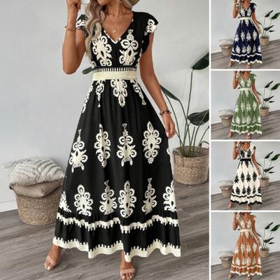 Damen Sommerkleid V-Ausschnitt Fliegende Kurzärmel Strandkleid Druck High Waist