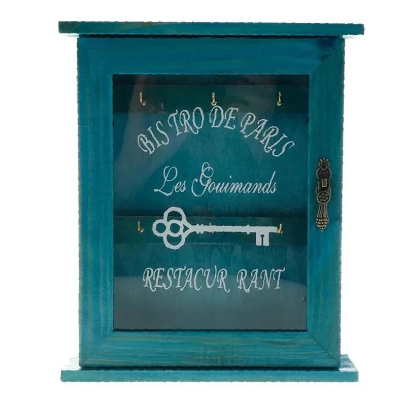 Hanging On The Wall Vintage Wooden Key Storage Box Housekeeper Blue Brown Cabinet Key Rack With Hook Rack Family Wall Decoration