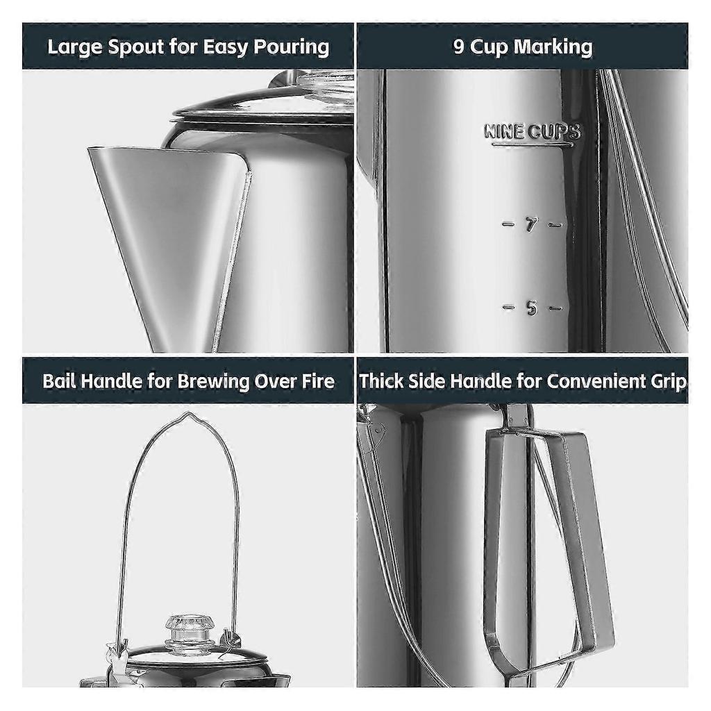 1.2L Outdoor Stainless Steel Coffee Percolator 9 Cup Moka Pot Portable Coffee Maker for Camping Home Kitchen & Home Brewing