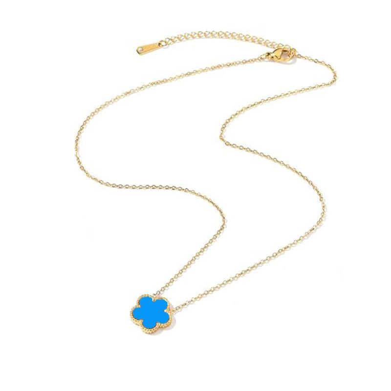 Collier en Acier Inoxydable Plaqué Or 14K Femme Cinq Pétales de Feuille Colliers Double Face pour Femmes Pendentif Fleur Trèfle Bijoux