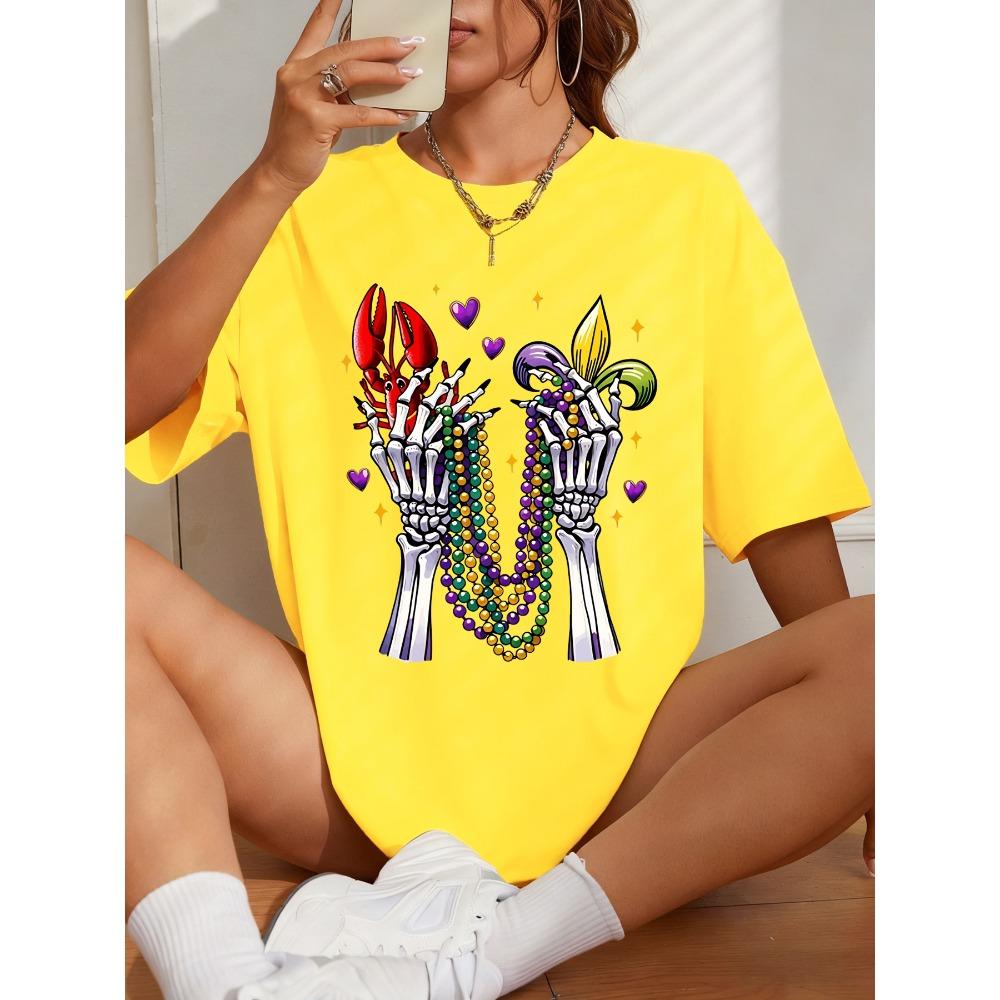 Happy Carnivals Creative Skull Hand Print Women T Shirts Summer O-Neck T-Shirt Soft Cotton Sportswear Oversized Clothes