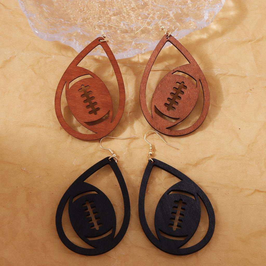 Niche design retro artistic earrings, laser-cut wood-cut hollowed-out water drop rugby shaped ear hooks