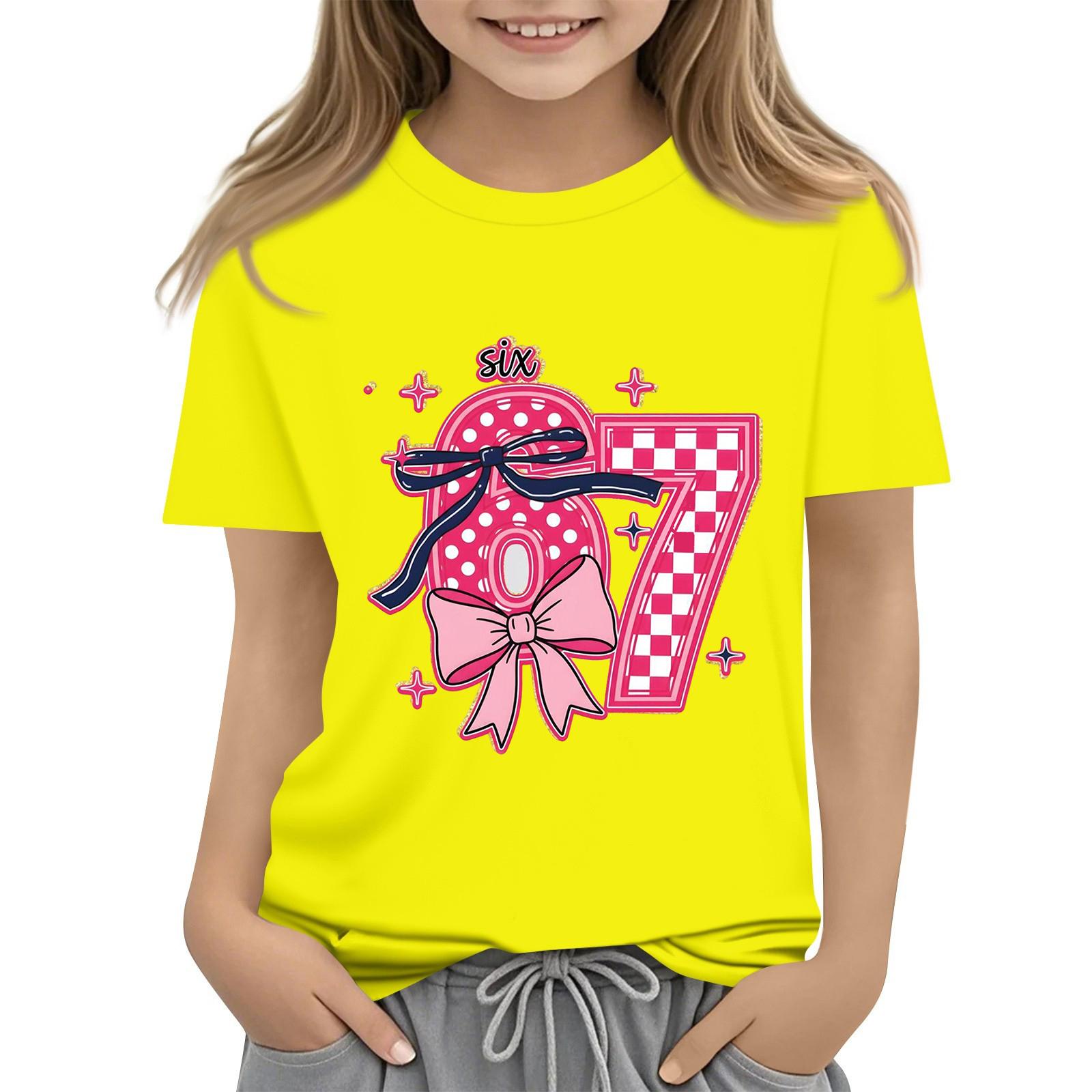 Girl s Loose Comfortable Casual Fashionable Printed Short Sleeved Top T-shirt 160 жёлтый