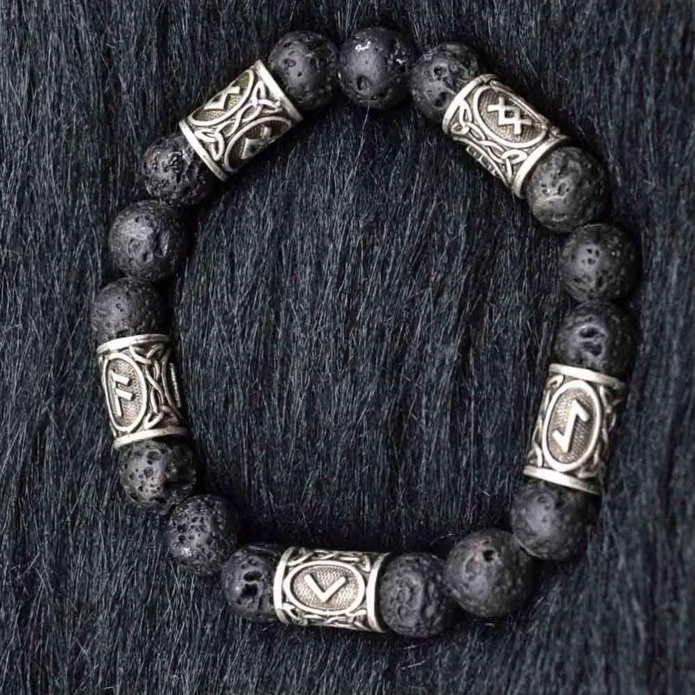 Viking Runes Jewelry Vintage Amulet Lava Stone Bracelet For Men Women Accessories Runas Vikingas Bangle with 5 rune beads