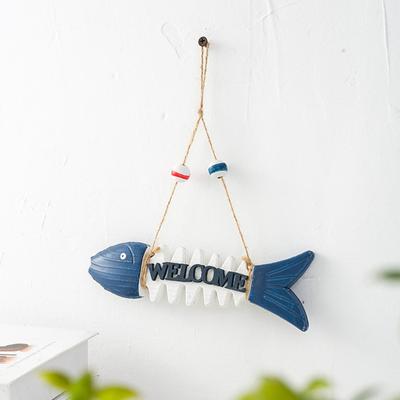 7 Inch Fish Skeleton Welcome Sign Mediterranean Beach Themed Wooden Fishbone Wall Art Vintage Hanging Fish Ornament for Home Bathroom Office Decor