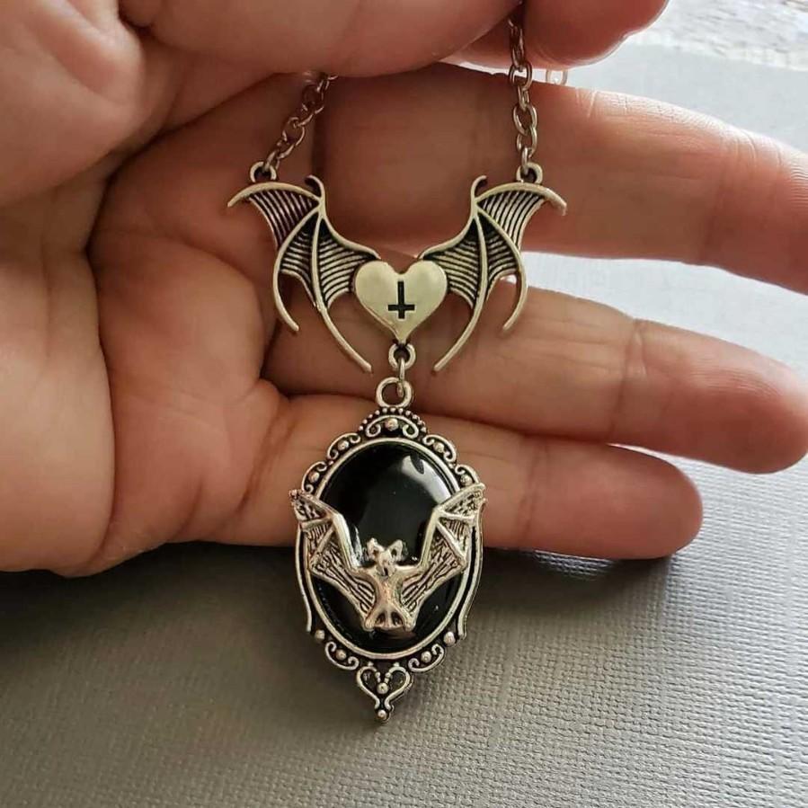 Gothic Vampire Bat Pendant Necklace With Silver Cross Chain For Party Wear