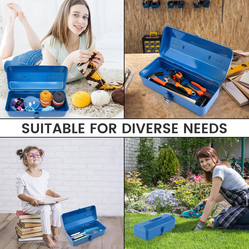 Portable Metal Tool Box Multi Compartment Organizer Heavy Duty Iron Construction Secure Lock For Garage Workshop Storage