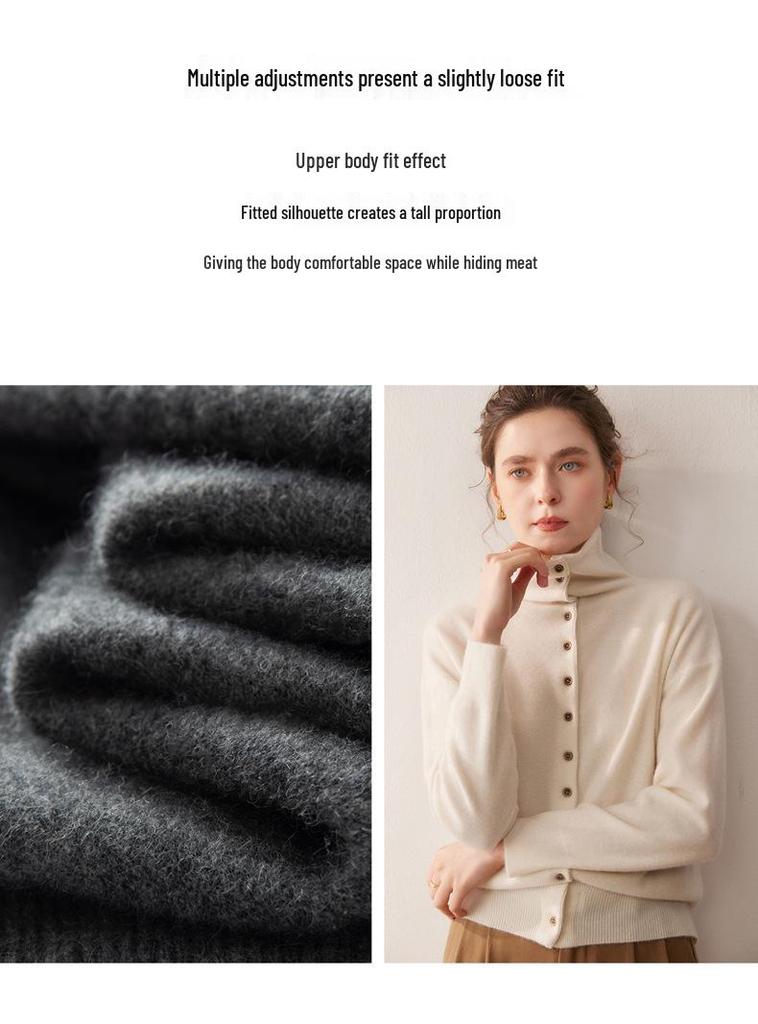 Women's Loose Fit Cashmere Wool Cardigan - Autumn/Winter High Neck Multi-Button Knit Sweater Jacket
