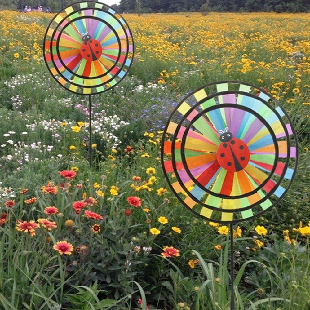 Flower Triple Wheel Colorful Rainbow Pinwheel Wind Spinners Windmill Toys Garden Windmill