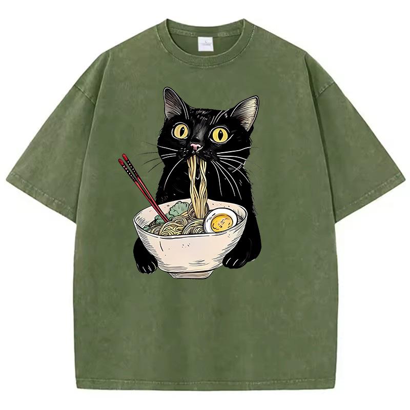 

Unisex Hip Hop T Shirt Vintage Washed Cotton TShirt Black Retro Cat Eating Ramen Graphic Tee Casual Streetwear S