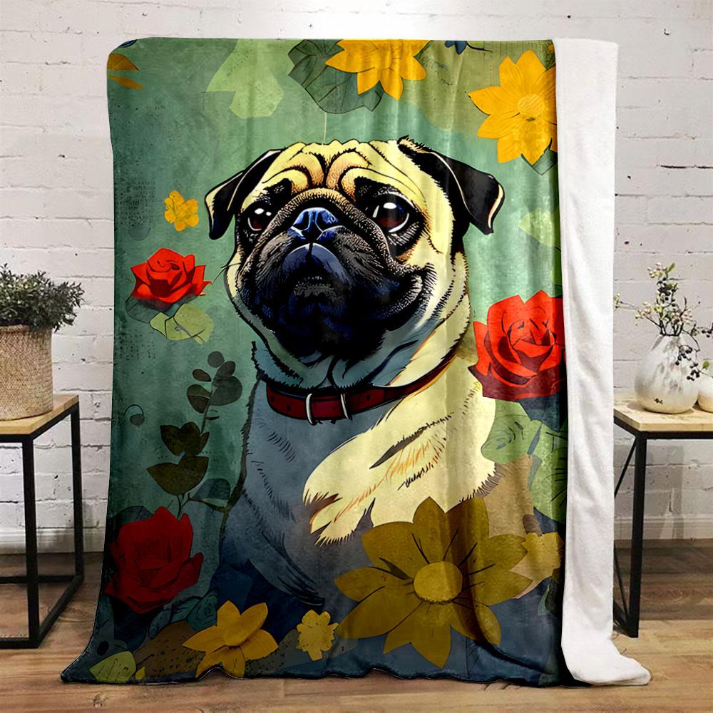 Pug with Vibrant Flowers for all seasons blanket lunch break throw gift