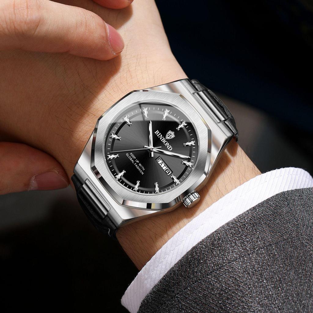 Binbang Men's Luminous Waterproof Quartz Watch with Calendar - Trendy Korean Style