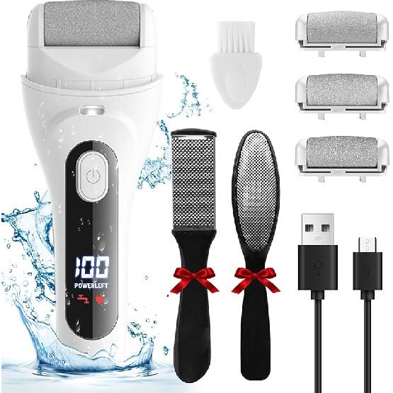 Electric Foot Callus Remover, LED Light & Display Electric Foot File, Rechargeable Waterproof Electric Foot Filer, 3 Replacement Rollers & USB-C