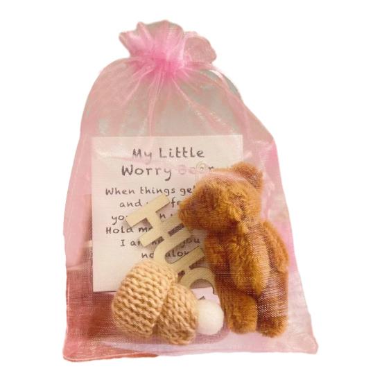 Pocket Hug Plush Bear Toy with Encouragement Card Mesh Bag Mini Positive Stuffed Bear Doll with Knitted Hat Inspirational Gift