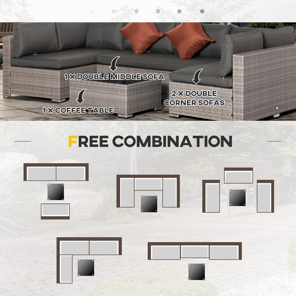 6 Seater Outdoor Rattan Sofa Set with Tempered Glass Coffee Table & Cushions, Deep Grey