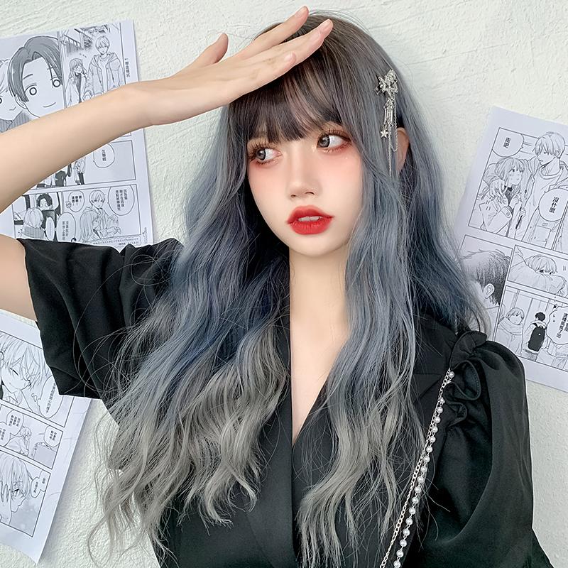 Довга хвиля синтетична перука з чубчиком Жіноча термостійка перука для косплею на кожен день з натуральним волоссям