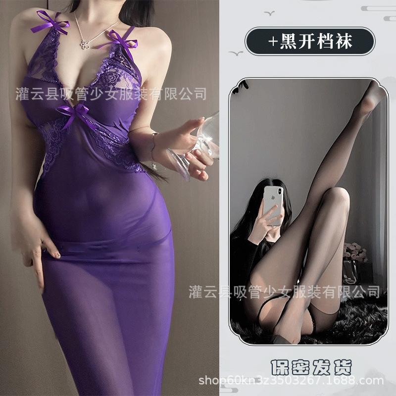Sexy underwear sexy mesh perspective slim dress sexy long suspenders deep V