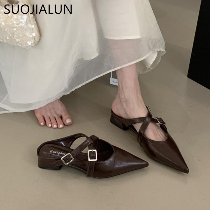 Fashion SUOJIALUN 2025 Autumn Women Flat Heel Slipper Fashion Pointed Toe Slip On Mules Shoes Soft Casual Outdoor Dress Sandal Slides Sh