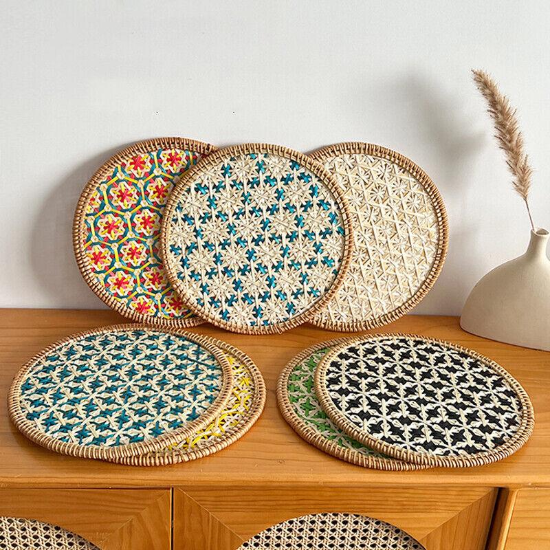 30/36cm Color Handmade Rattan Tray Round Heat-resistant Teapot Pad Hotel Home Decor Ethnic Style Dining Table Heat-insulate Pad