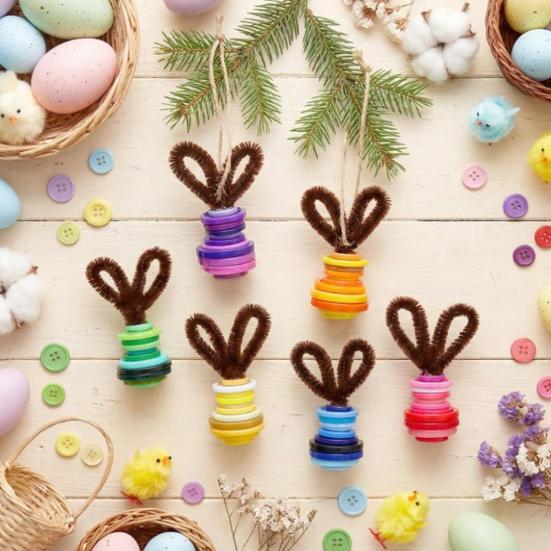 Button Easter Bunny Craft Kit DIY Button Bunny Hanging Ornament with Twisting Stick Ears for Easters Basket Stuffer Holiday Party