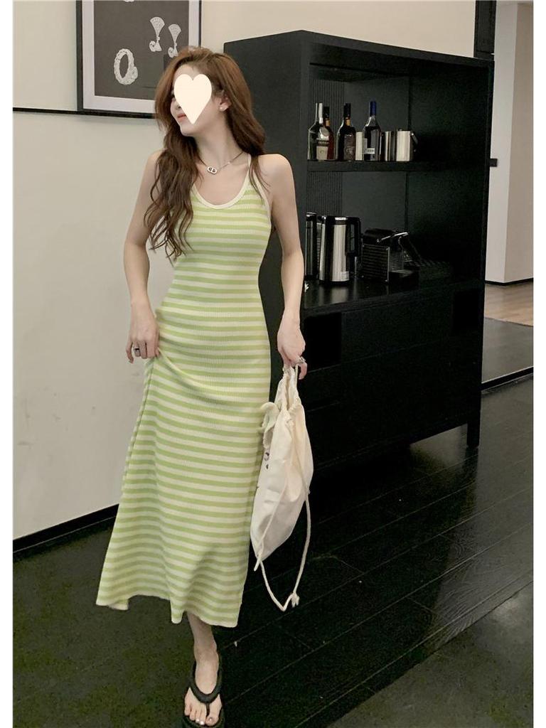 French Style Striped Suspender Knitted Dress: Backless, Slim Fit, Hip-Wrapped, Summer Women's Fashion