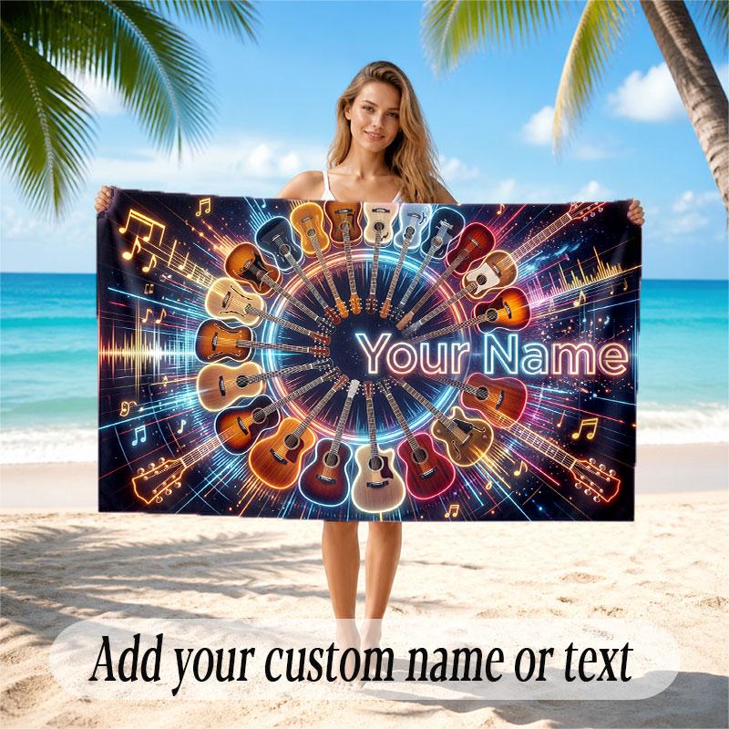 Music Guitar Theme Beach Towel Personalized Custom Name & Text Soft Quick Dry Beach Towel for Swimming Travel