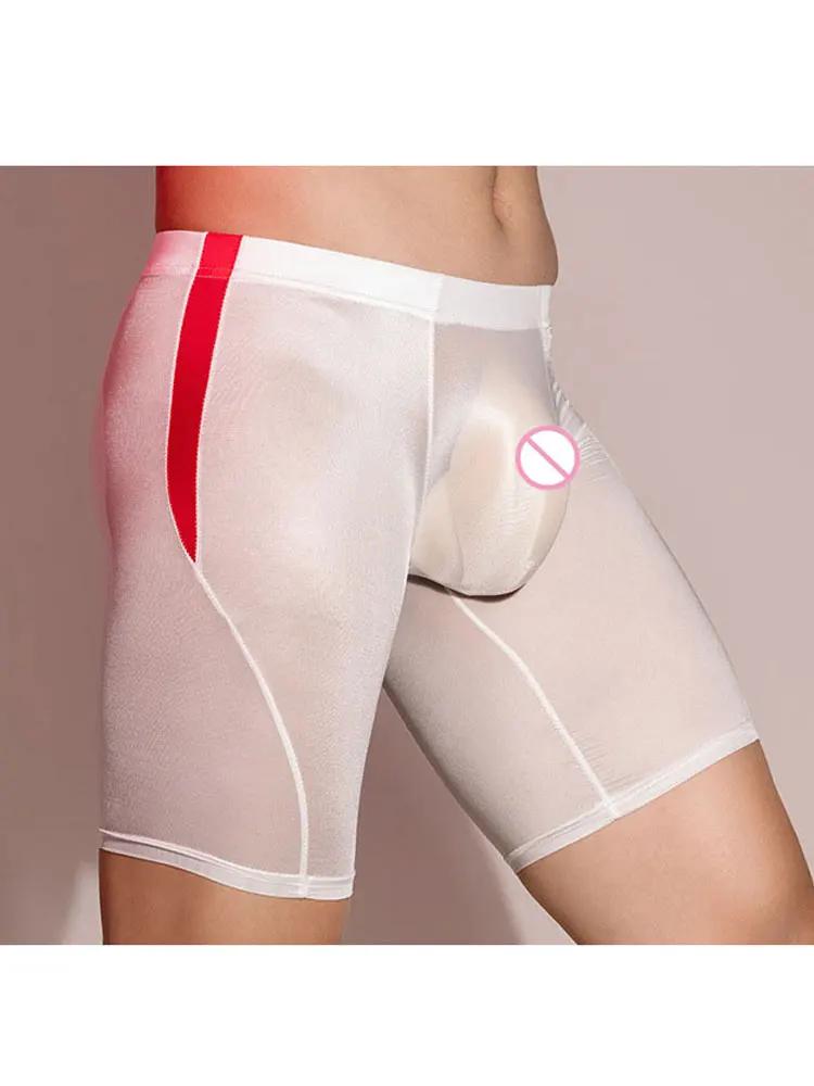 Sexy Oil Shiny Smooth Shorts For Men Bulge Pouch Shapewear High Elastic Sheer Transparent Boxer Gym Man Clothing Leggings Slim