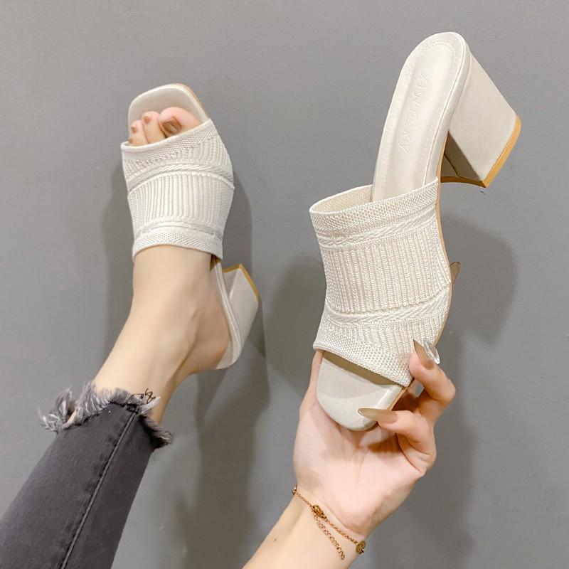 Fashion Summer New Coarse Slippers Women's Square Head Shallow Mouth Mesh Cloth Breathable Open Toe Non-slip Sandals