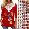 Women's Long Sleeve Tunic Loose  Top Pleated Tunic Button Casual Christmas Print Lace T-Shirt Tops