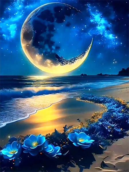 Full Square Round Diamond Painting Moon Landscape Mosaic Seaside Fantasy Embroidery Home Decor