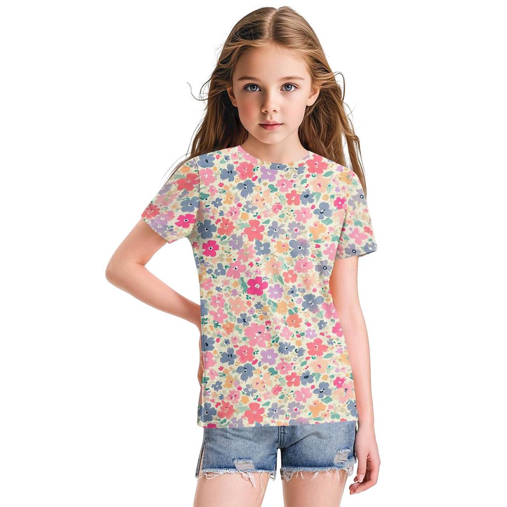 Cute Floral Print Loose Casual Fashion Round Neck Short-Sleeved Top For Children