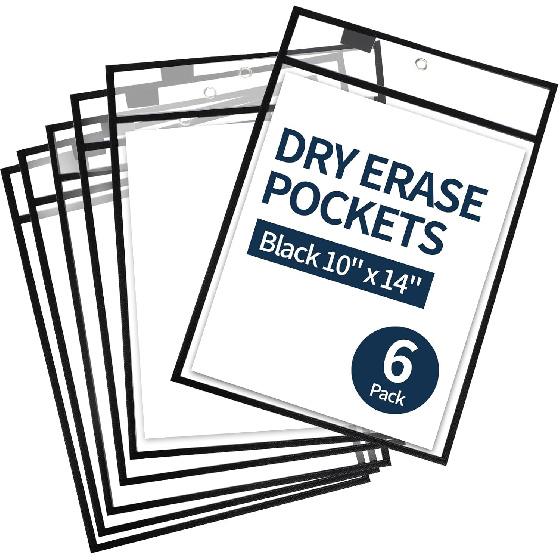 Ufamrine 6 Pcs Dry Erase Pockets Sleeves Black, Job Ticket Holders (10  * 13 ), Reble Plastic Sleeves for Teacher Classroom