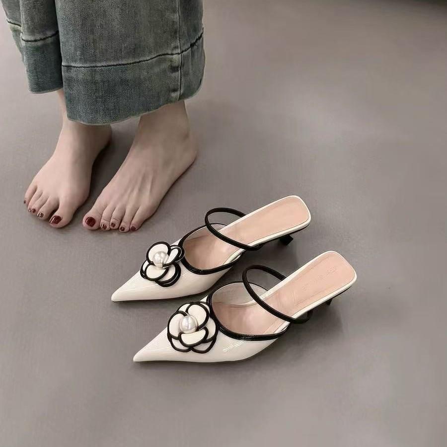 

Large size high heels bag head half slippers fairy wind wear 2025 summer temperament small fragrant wind pointed single shoes 42 34