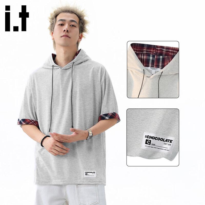 :CHOCOOLATE Men s Hooded Plaid Color-Block Short-Sleeve T-Shirt 3XL