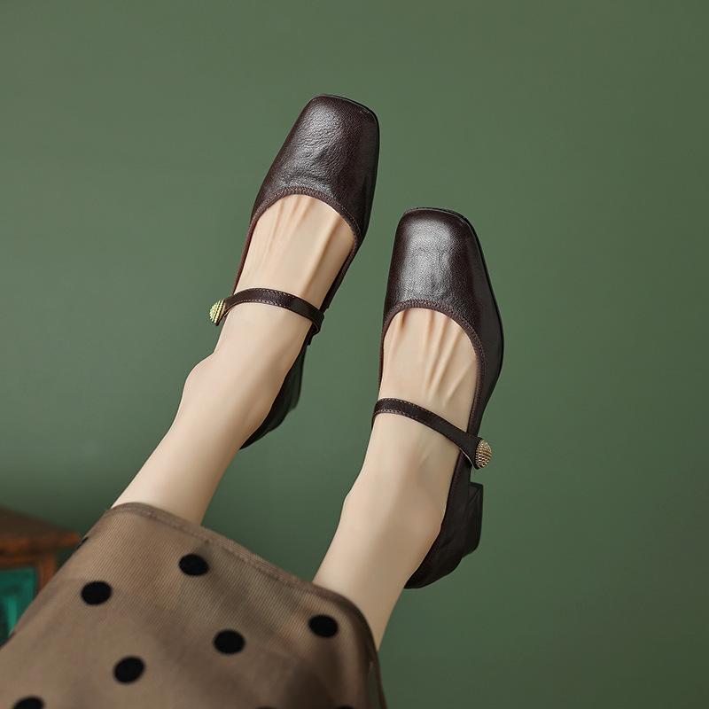 Retro French Single Shoes 2025 Autumn Square Head Thick Heel Small Leather Shoes One-word Buckle Belt Low Heel Mary Jane Shoes