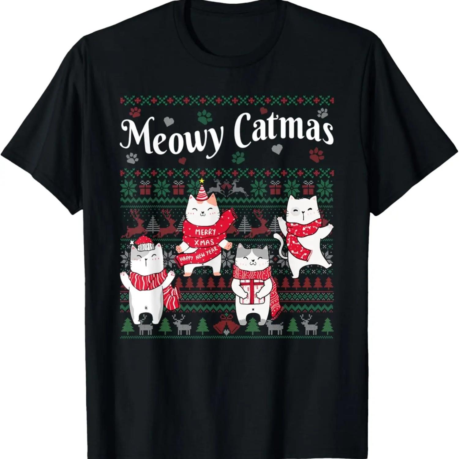 Meowy Catmas Cute Cat Anime Lovers Ugly Christmas Sweater T-Shirt S чёрный