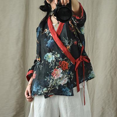 Women Shirts V-Neck Quarter Sleeve Vintage Clothing Summer Print Floral Belt Chinese Style Loose Blouse