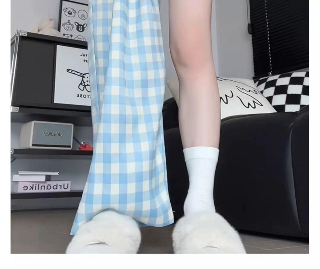 Women's High Waist Blue Plaid Wide-Leg Pants - Petite, Loose-Fit, Casual Summer Style