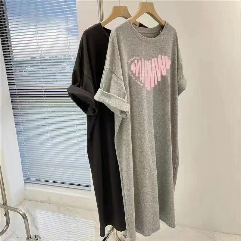 YYFS Women's Fashion Summer Spring Love Letter Print 1/2 Sleeves O-Neck Loose Waistline Casual Dresses