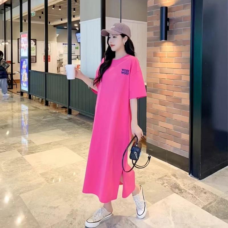 Summer's New Fashionable Mid-length Large-sized Slit Printed T-shirt and Long Over-the-knee Dress